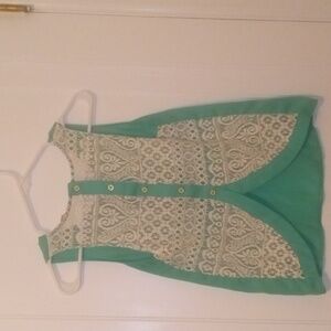women small sage green sheer sleeveless top, crochet back